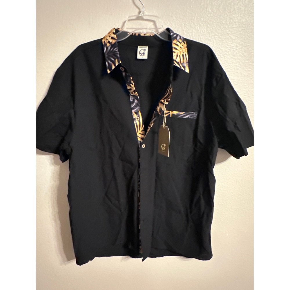 Hardaddy Black Palm Leaf Print Short Sleeve Button Up Shirt